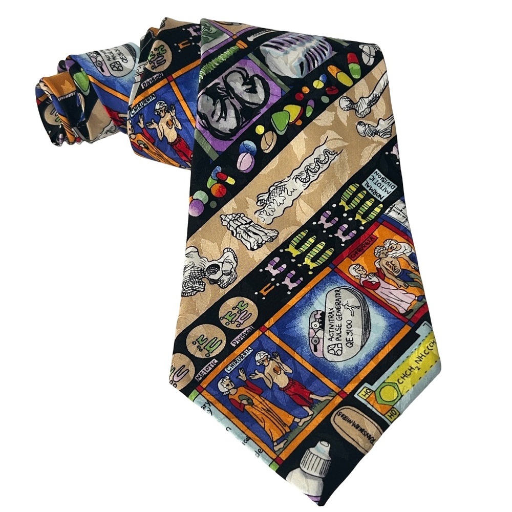 Nicole Miller Neck Tie Hand Sewn Novelty Medical Doctor Graphics Vintage NWOT